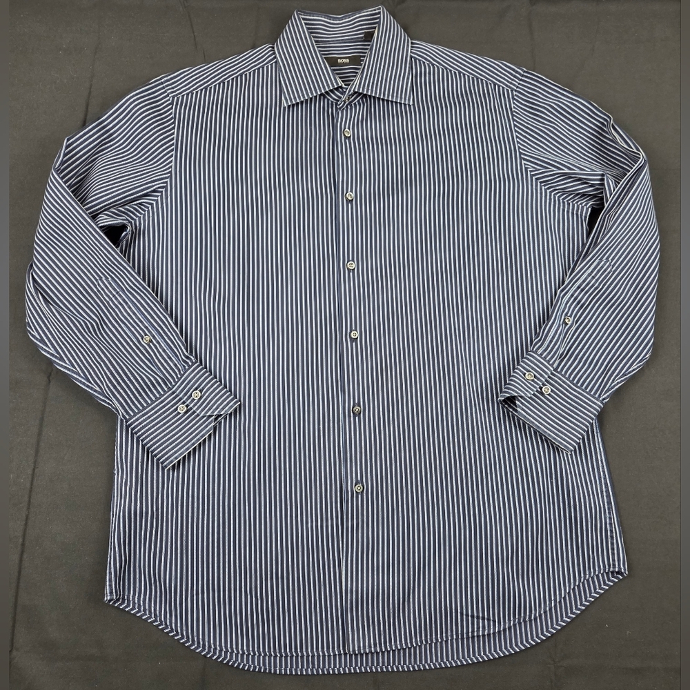 BOSS Dress Shirt Mens 16.5 32/33 Blue Long Sleeve Button Up Striped Classic Fit